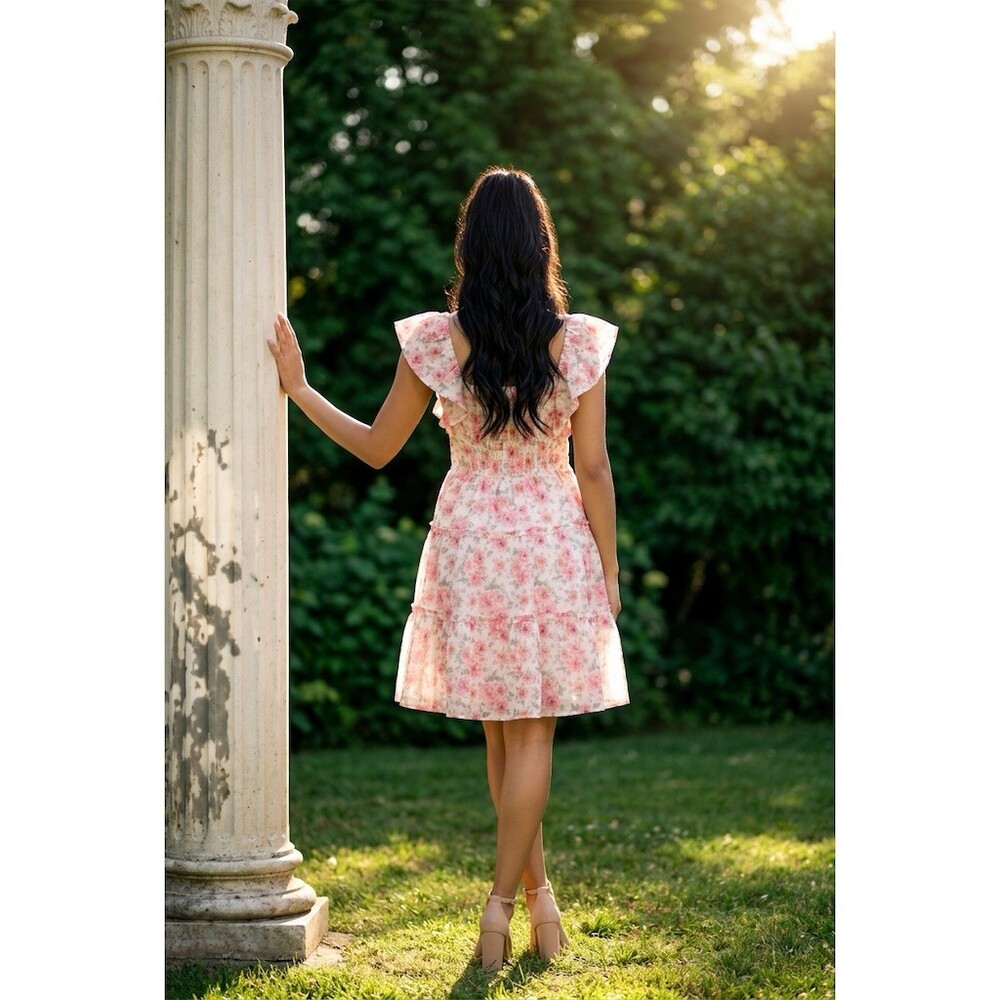 Just Me Dress Womens Small Ivory Pink Floral Smocked Fit & Flare Mini - Picture 2 of 8